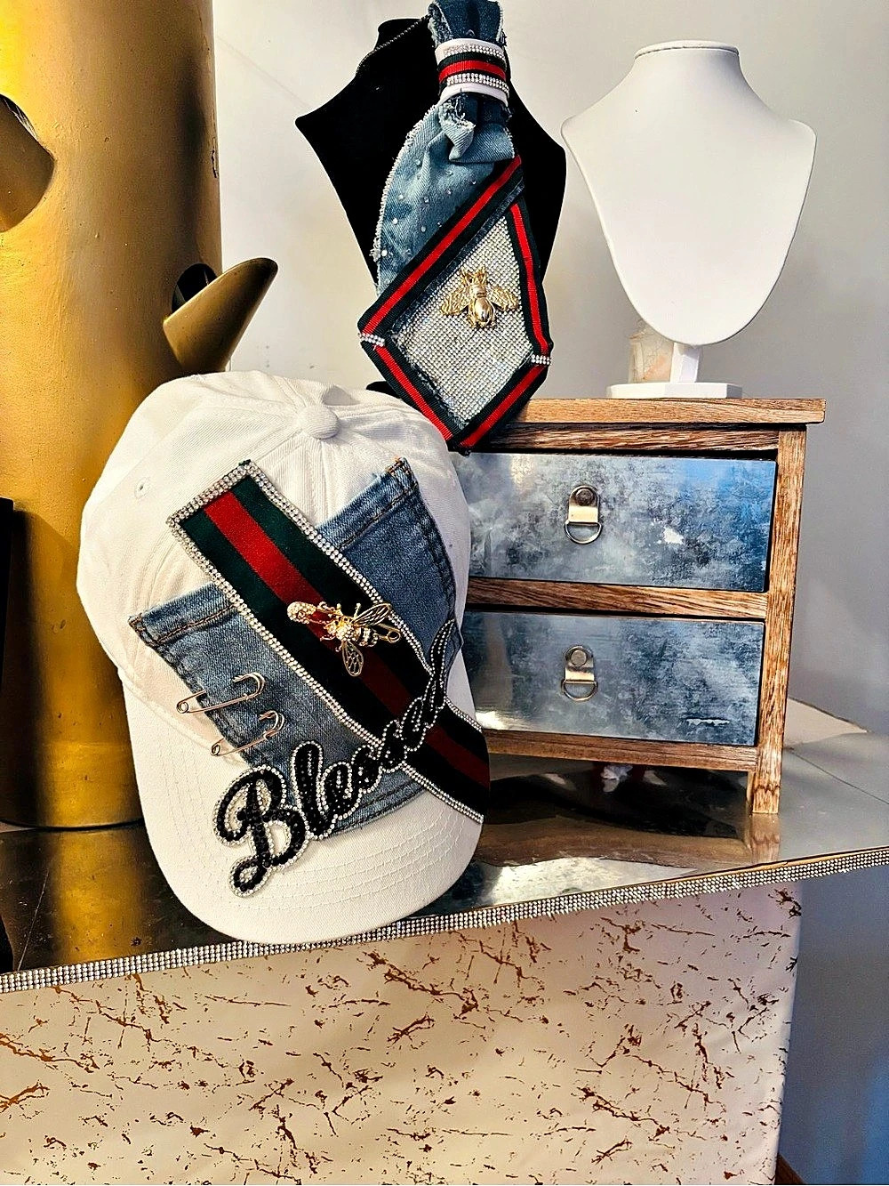 Embellished Color Block Hat in White & Blue